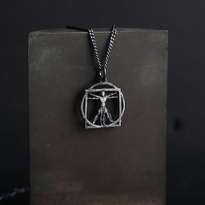 Men&#39;s Necklace Vitruvian Man Pendant in Solid Sterling Silver