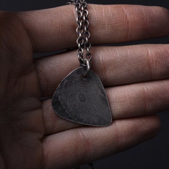 Mens Necklace Guitar Pick Pendant Handmade in Sterling Silver