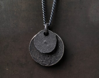 Mens Necklace Double Circle Coin Pendant in Sterling Silver