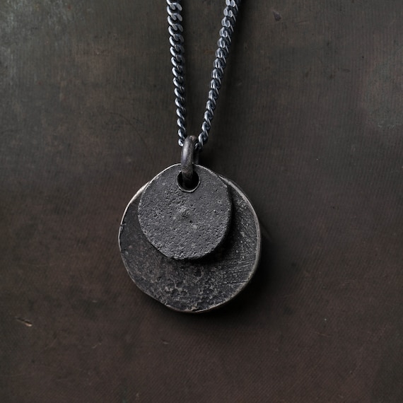 Mens Necklace Double Circle Coin Pendant in Sterling Silver