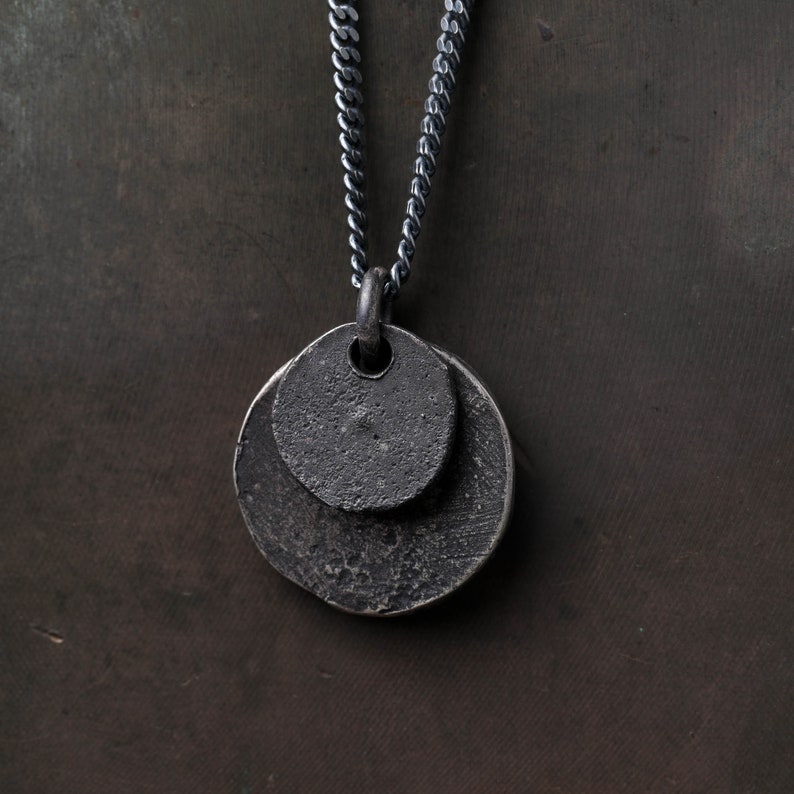 Mens Necklace Double Circle Coin Pendant in Sterling Silver image 1