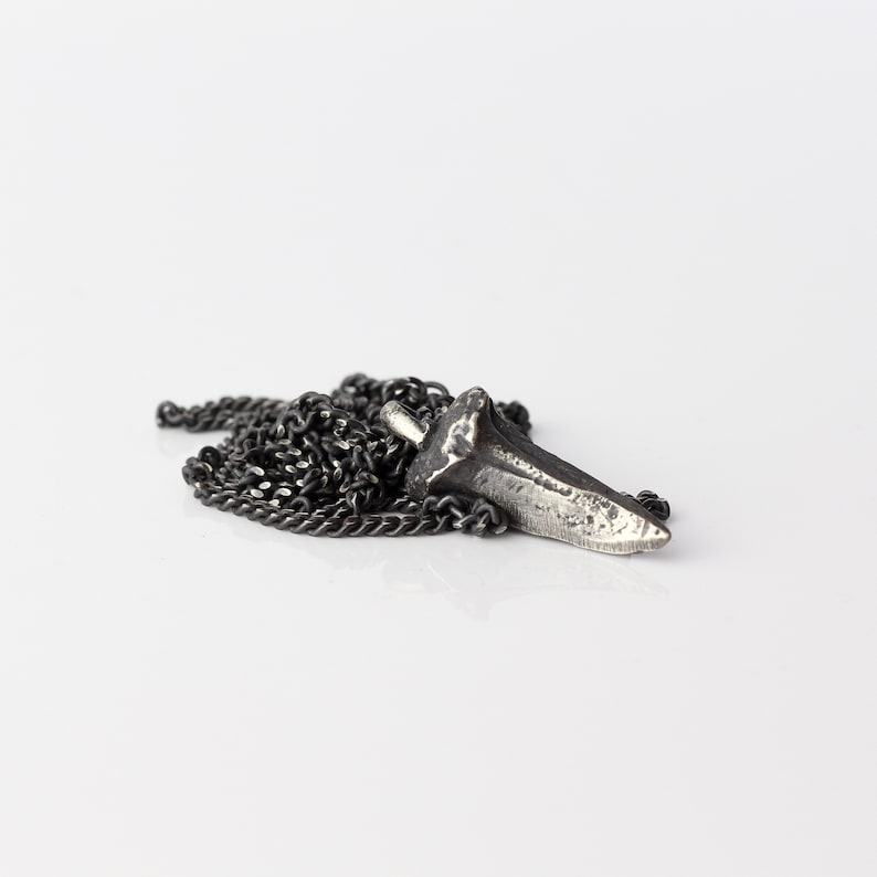 Unique Shark Tooth Pendant Necklace in Oxidized Sterling Silver