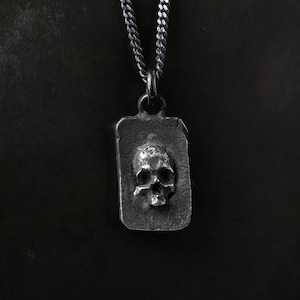 Man's Necklace Skull Memento Mori Pendant in Oxidized Sterling Silver