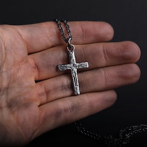 Man's Necklace Carved Jesus Cross Pendant in Oxidized Sterling Silver image 5