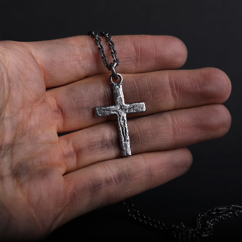 Man's Necklace Carved Jesus Cross Pendant in Oxidized Sterling Silver image 5