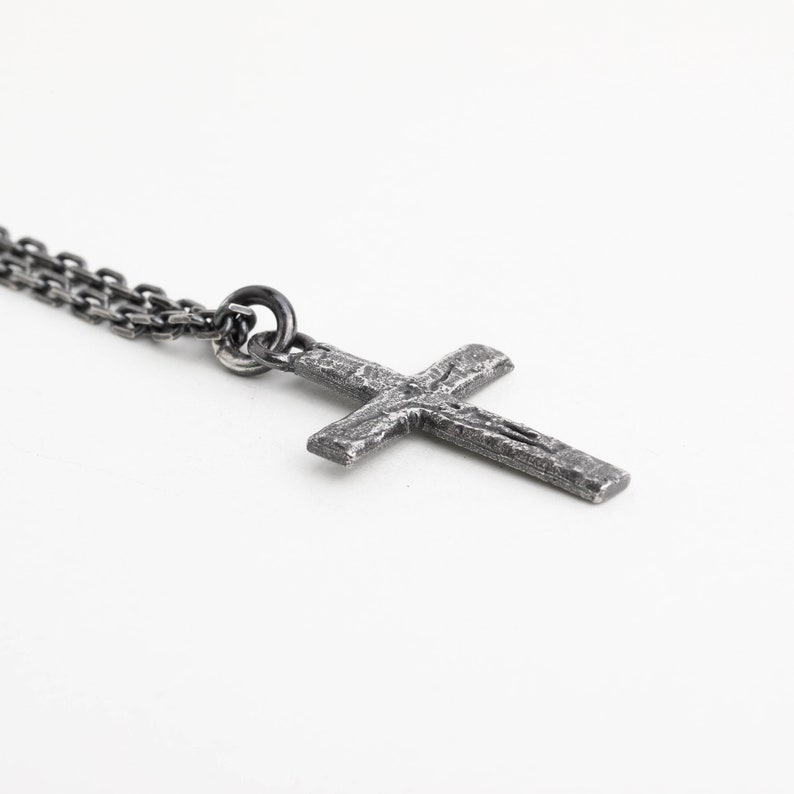 Man's Necklace Carved Jesus Cross Pendant in Oxidized Sterling Silver image 3
