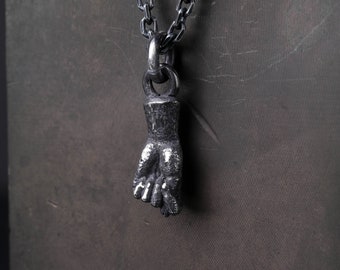 Man's Necklace Hand Fig Sign Pendant in Oxidized Sterling Silver