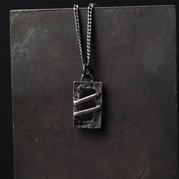 Mens Necklace Window Geometric Pendant in Sterling Silver 925