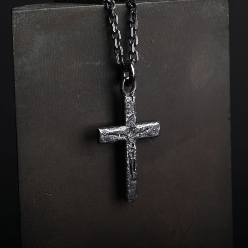 Man's Necklace Carved Jesus Cross Pendant in Oxidized Sterling Silver image 4