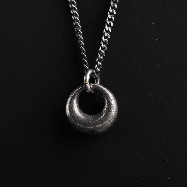 Men's Necklace Half Moon Circle Pendant Handmade in Sterling Silver for Him