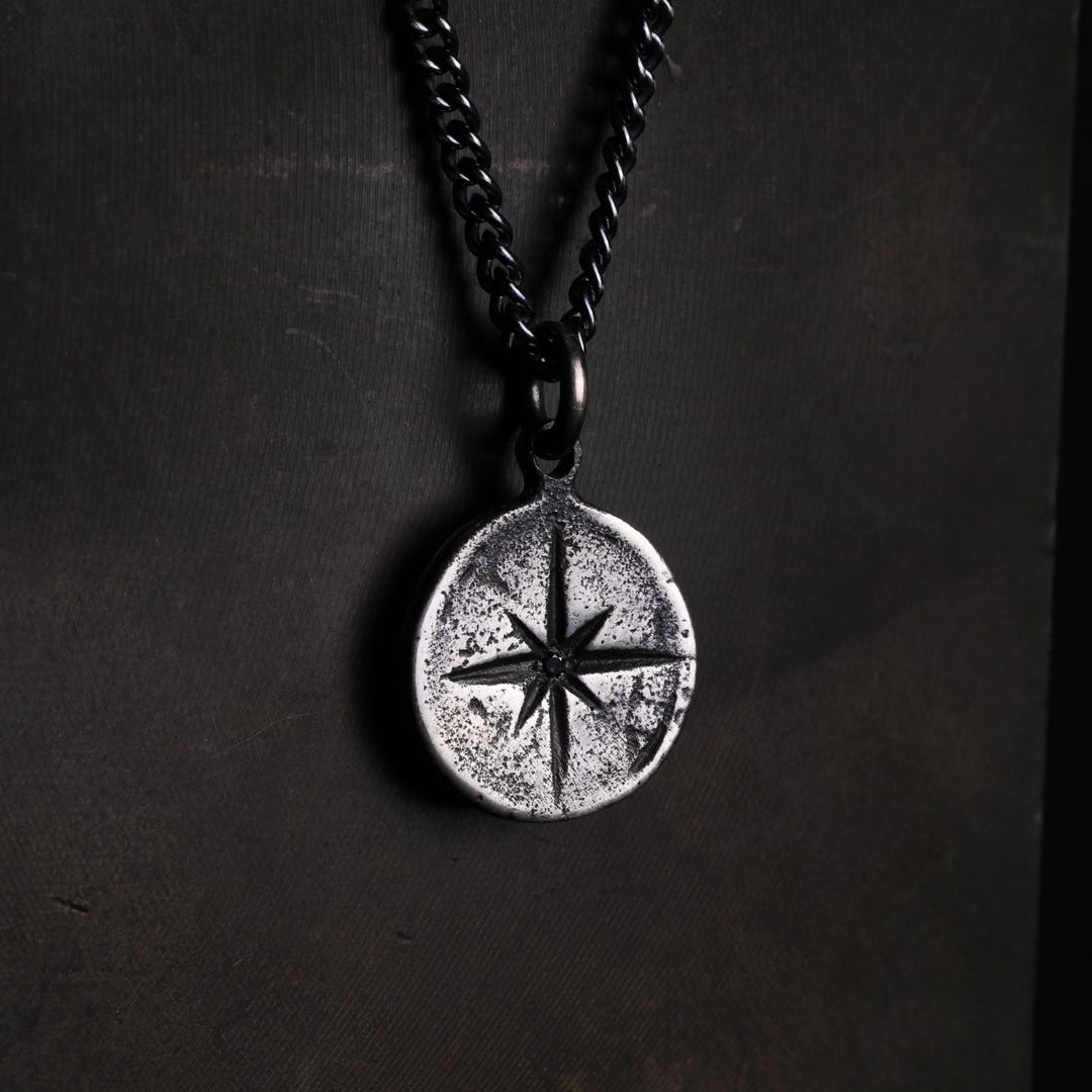 Men's Necklace Mini Compass Pendant Handmade in Sterling Silver Set ...
