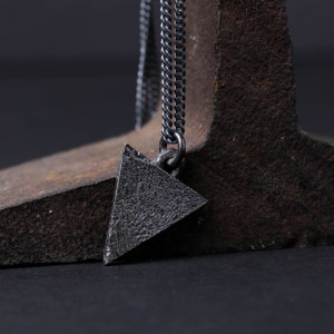 Mens Necklace Dark Triangle Rustic Pendant in Sterling Silver