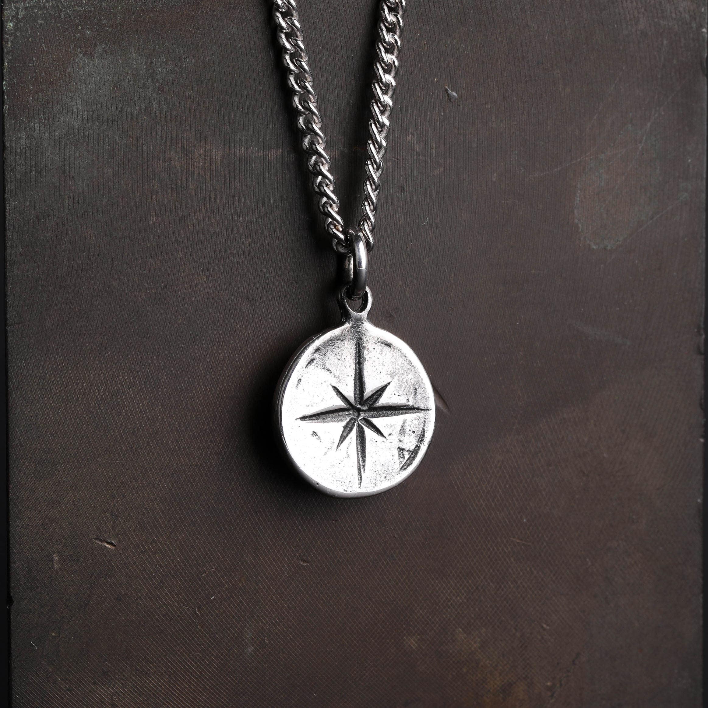 Mens Necklace Rustic Compass Pendant for Men in Sterling Silver Custom Engraving Personalized Jewelry