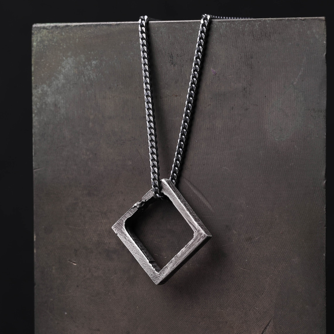 Mens Necklace Square Pendant in Sterling Silver 925 Etsy