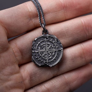 Mens Necklace Compass Decayed Pendant Rustic Sterling Silver