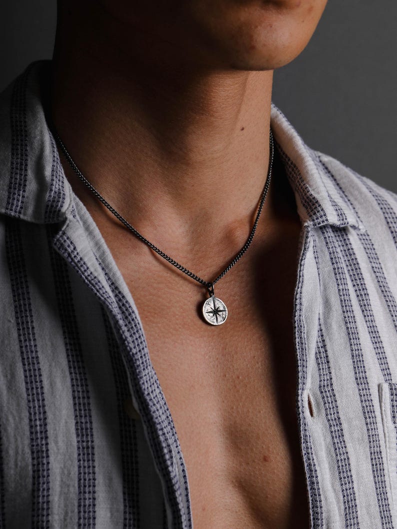 Men's Necklace Mini Compass Pendant Handmade in Sterling Silver Set ...