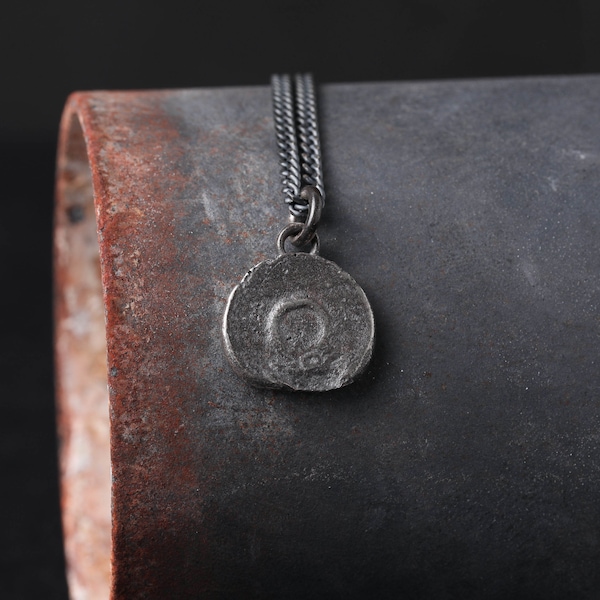 Men's Necklace Decayed Circle Pendant Handmade in Sterling Silver in Rustic Style