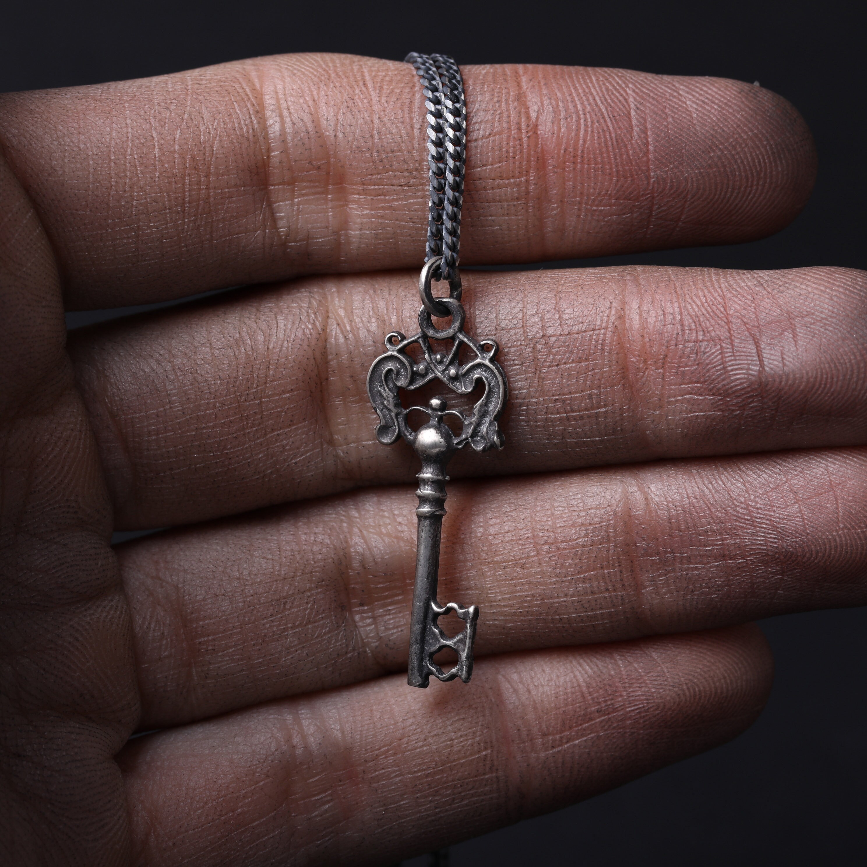 Mens Necklace Key Charm Pendant in Sterling Silver 925 