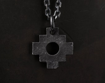 Man's Necklace Small Inca Cross Chakana Pendant in Oxidized Sterling Silver