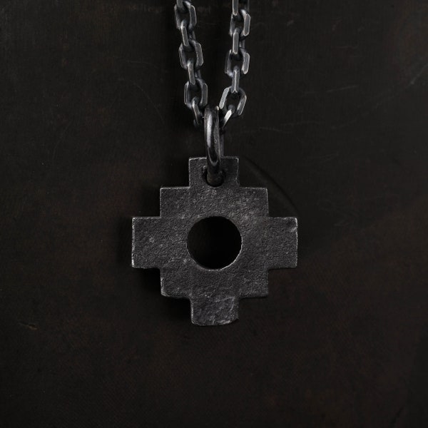 Man's Necklace Small Inca Cross Chakana Pendant in Oxidized Sterling Silver