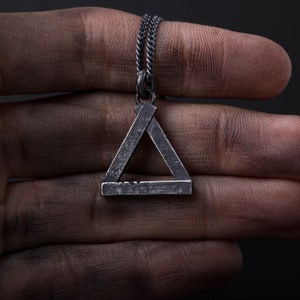 Man&#39;s Necklace Triangle Construct Pendant in Oxidized Sterling Silver