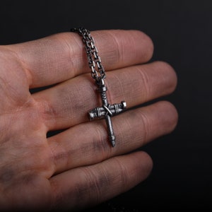 Man&#39;s Necklace Nail Cross Pendant in Oxidized Sterling Silver