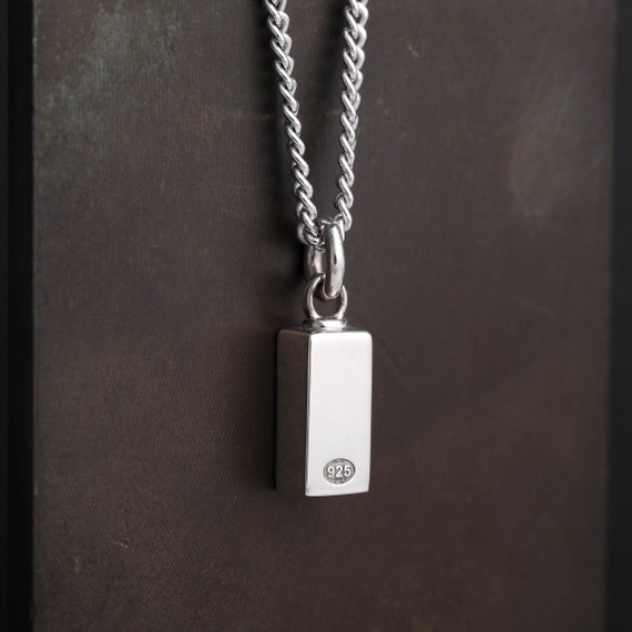 Mens Necklace Minimalist Pendulum Pendant for Men in Sterling Silver Plated in Rhodium