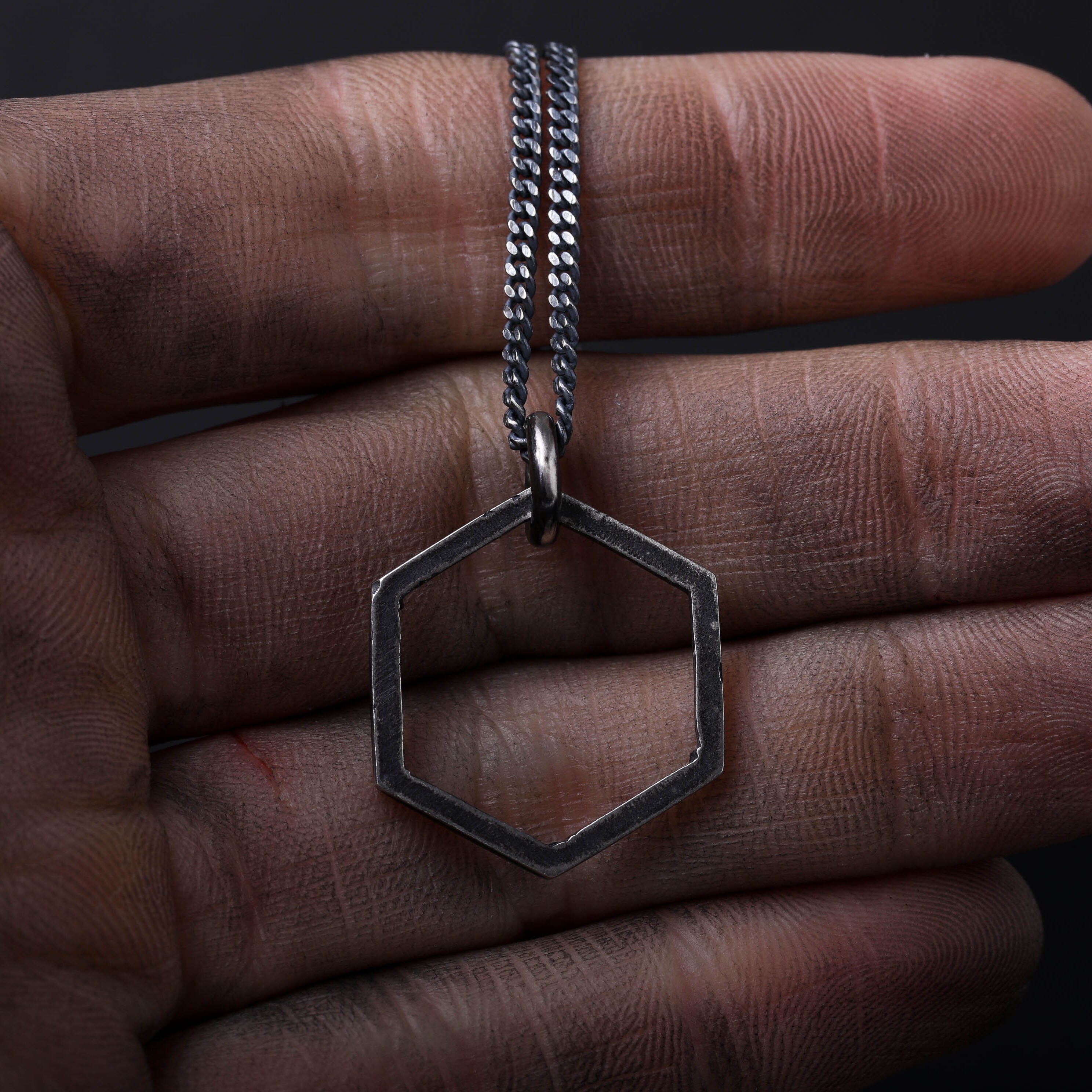 Man s Necklace Hexagon Pendant in Oxidized Sterling Silver Etsy