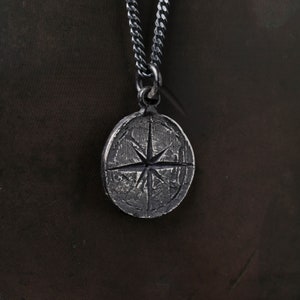 Mens Necklace Rustic Compass in Oxidized Sterling Silver Custom Personalized Engraving