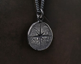 Mens Necklace Rustic Compass in Oxidized Sterling Silver