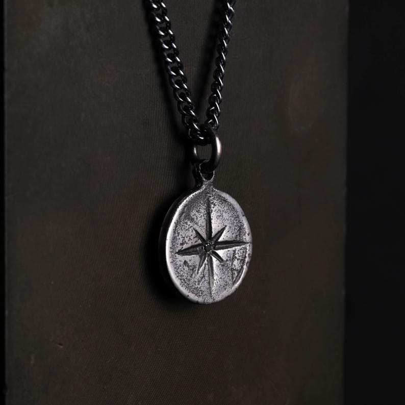Men's Necklace Mini Compass Pendant Handmade in Sterling Silver Set ...