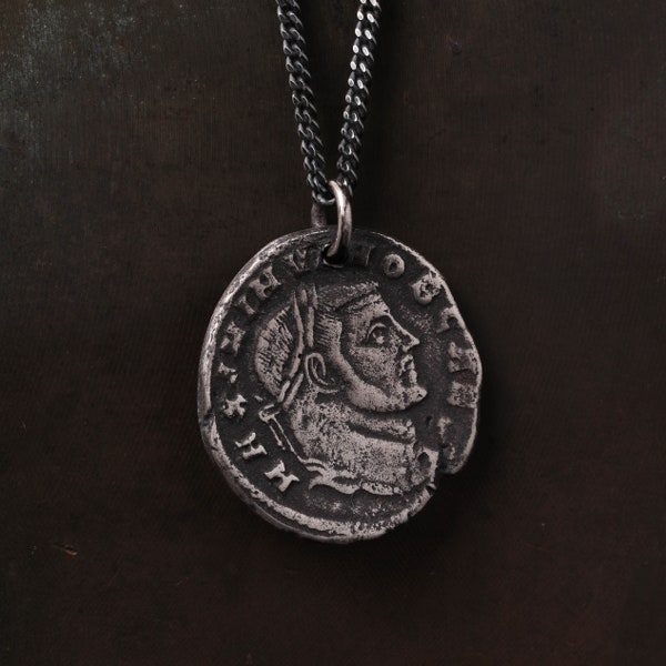 Mens Necklace Roman Coin Replica Antique Pendant for Men in Sterling Silver