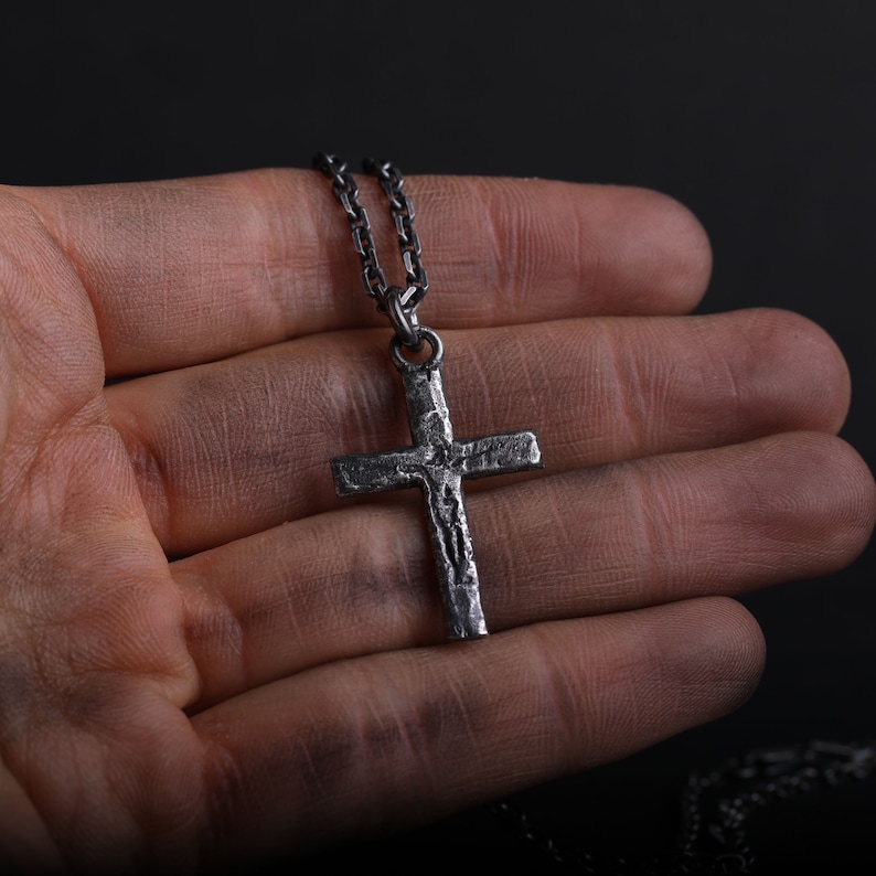 Man's Necklace Carved Jesus Cross Pendant in Oxidized Sterling Silver image 7