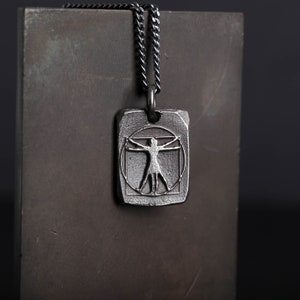 Men&#39;s Necklace Vitruvian Man Tag Pendant Handmade in Sterling Silver