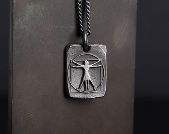 Herrhalsband Vitruvianske mannen Tag-hänge Handgjort i sterlingsilver