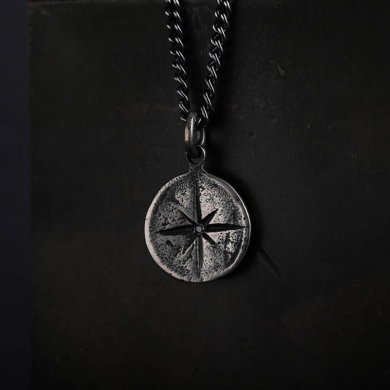 Men's Necklace Mini Compass Pendant Handmade in Sterling Silver Set ...