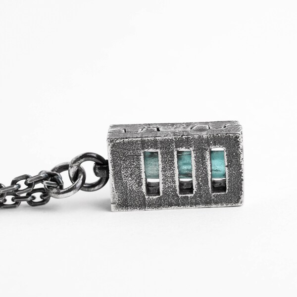 Man's Necklace Aquamarine Cage Locket Pendant in Oxidized Sterling Silver