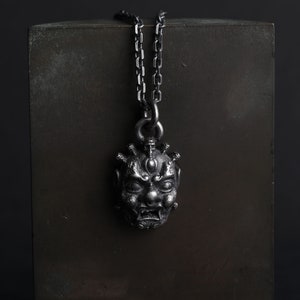 Man&#39;s Necklace Japanese Oni Pendant in Oxidized Sterling Silver