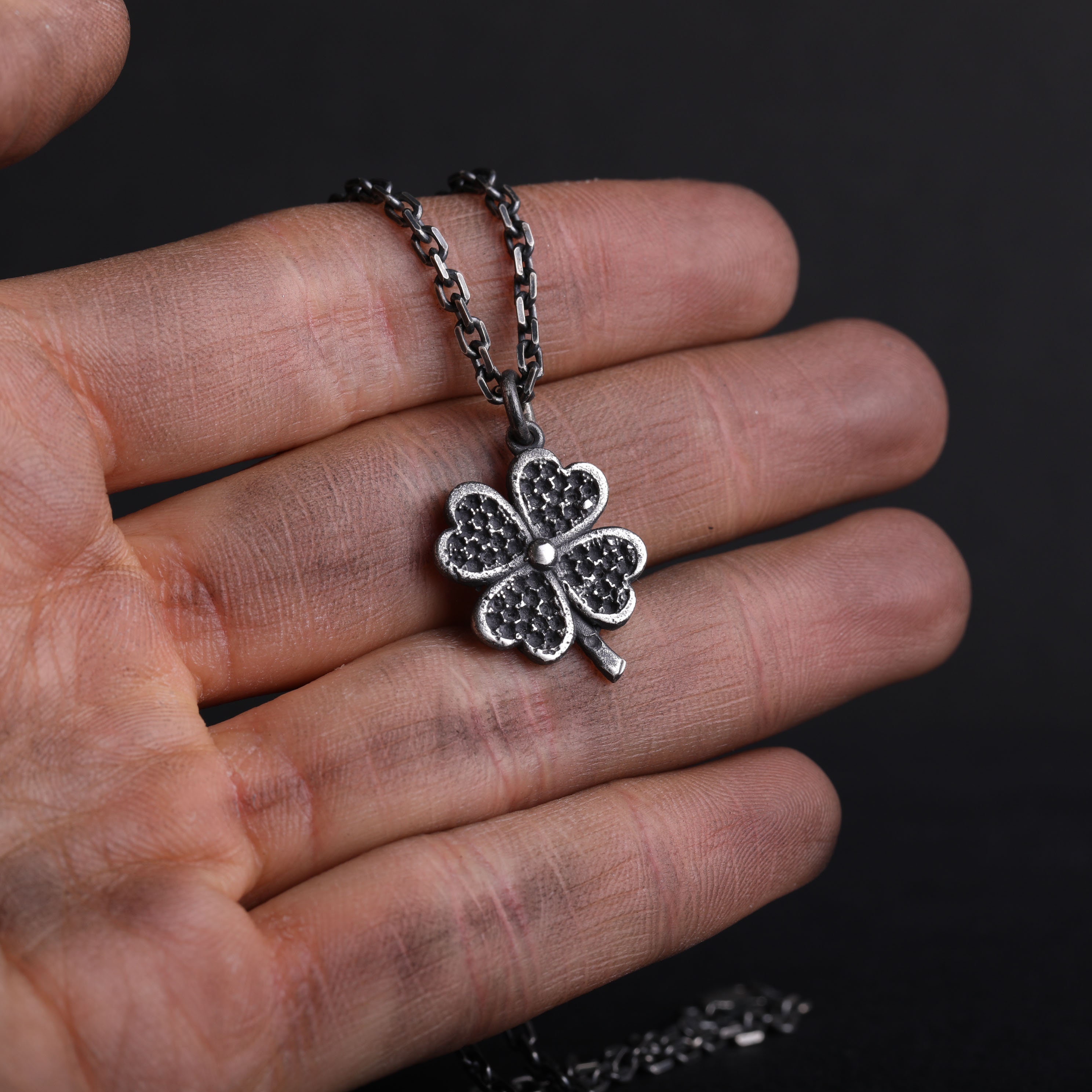 Man's Necklace Four Leaf Clover Pendant in Oxidized Sterling
