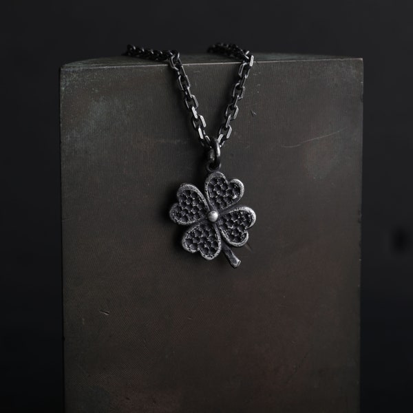 Man's Necklace Four Leaf Clover Pendant in Oxidized Sterling Silver