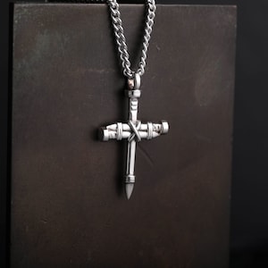 Mens Necklace Nails Cross Pendant for Men in Sterling Silver