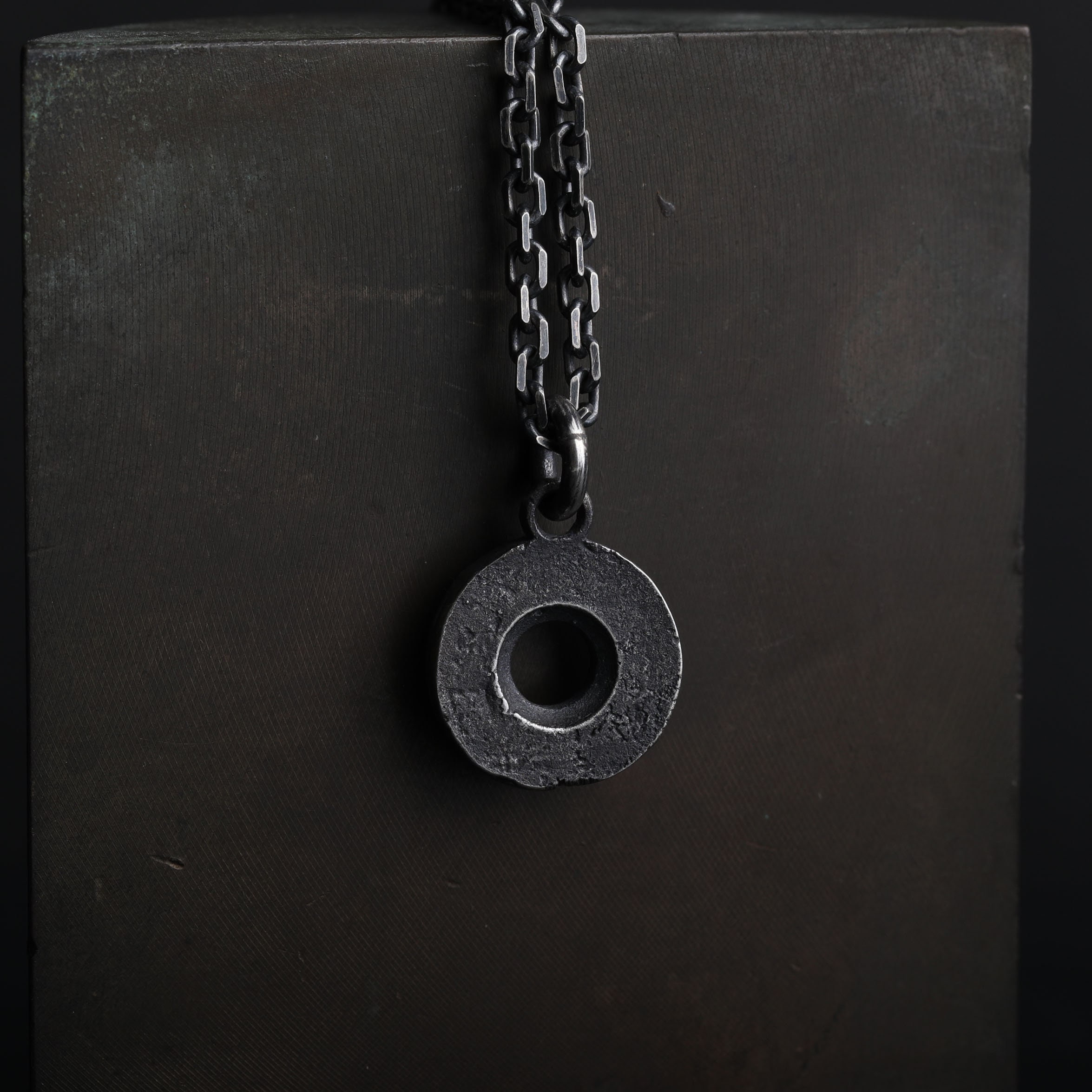 Man's Necklace Rustic Circle Pendant in Oxidized Sterling Silver