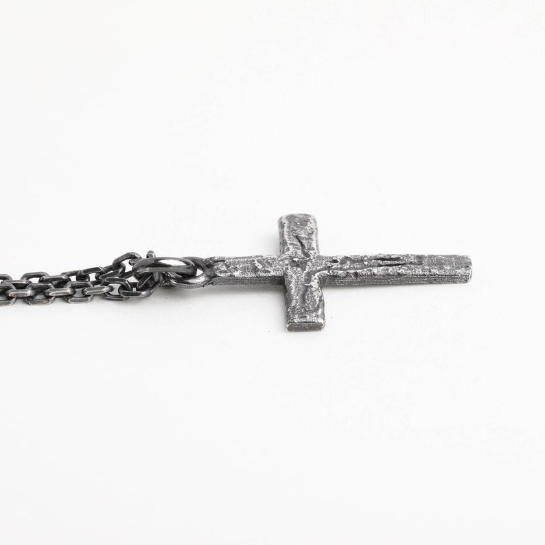 Man's Necklace Carved Jesus Cross Pendant in Oxidized Sterling Silver image 6