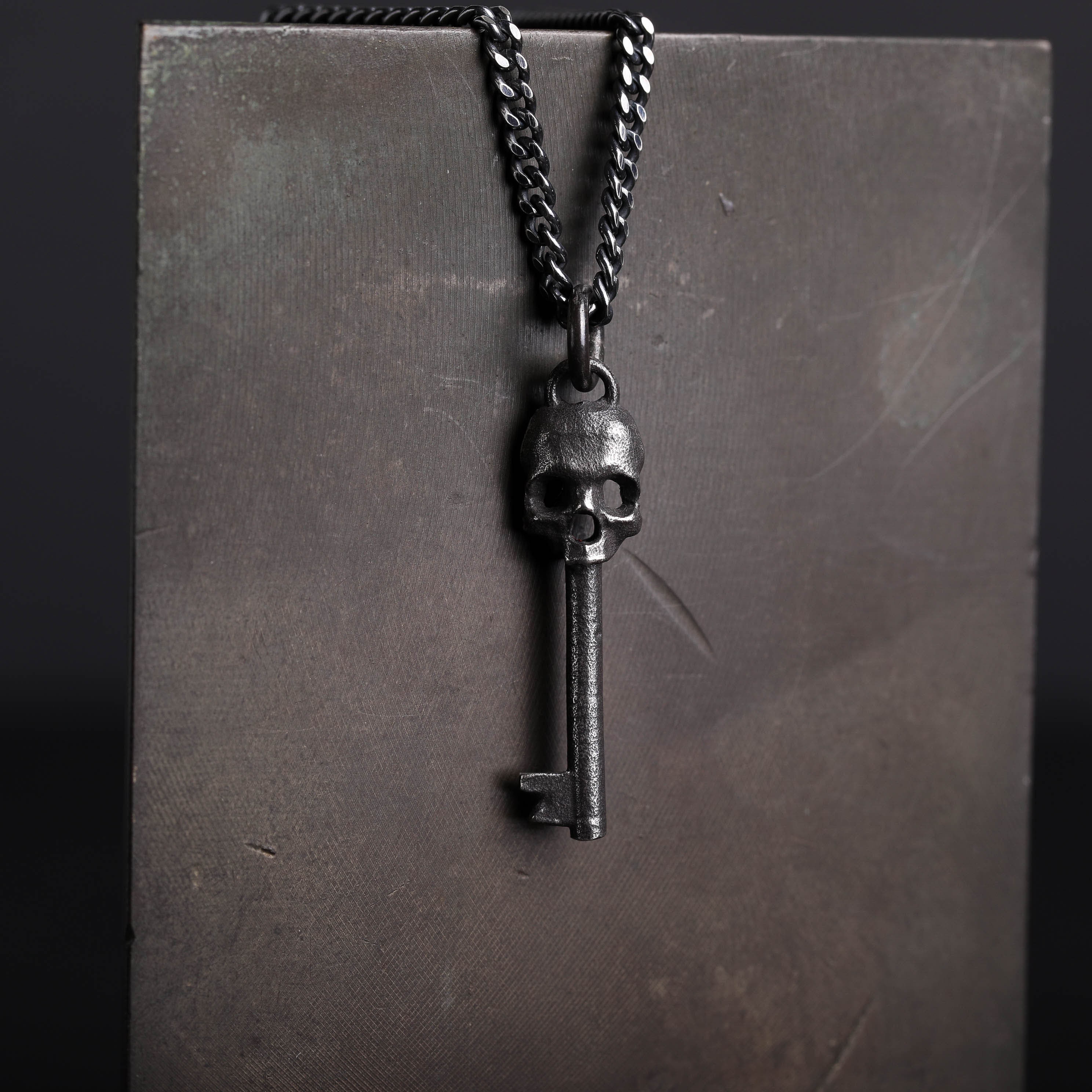 Men's Necklace Skull Key Pendant Handmade in Sterling Silver