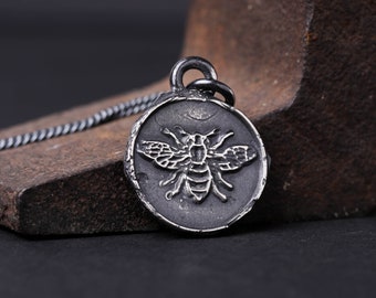 Mens Necklace Bee Medal Pendant in Solid Sterling Silver