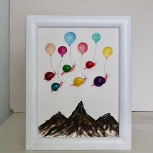 Bild mit bunten Schnecken, personalisierbar, Lustig, Unikat, Schnecken fliegen mit Luftballons