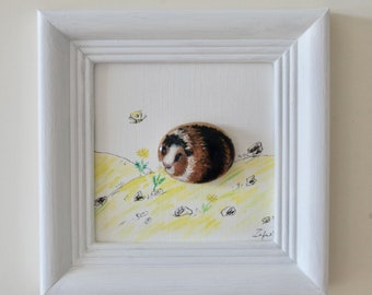 Customizable,Stone picture painted with oil paint,Birthday,Unique,Brown-black guinea pig feeds dandelion,Handmade