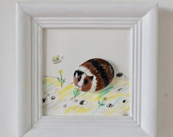 Customizable, stone image painted with oil paint, birthday, unique, brown-black guinea pig feeds dandelion, handwork
