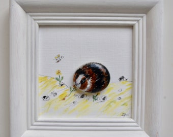 Customizable,Stone picture painted with oil paint,Birthday,Unique,Brown-black guinea pig feeds dandelion,Handmade