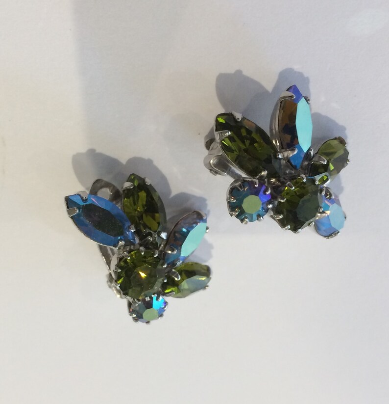 Green Blue Rhinestone Sherman Clip Earrings